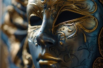 Close up of a venetian carnival mask, showing the elaborate gold and blue decorations
