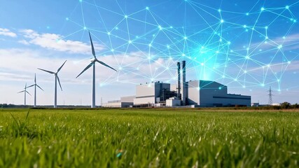 Wind turbines and industrial building with digital network overlay - Powered by Adobe
