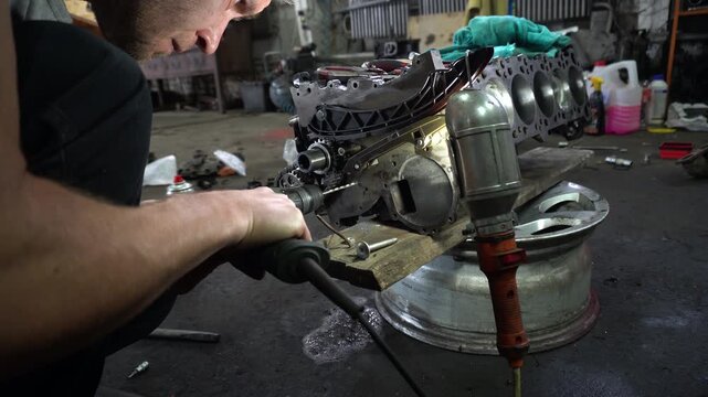 repair and assembly of a stock turbocharged engine for a drift car installation of a custom tensioner and oil pump chain dampener drilling and thread cutting