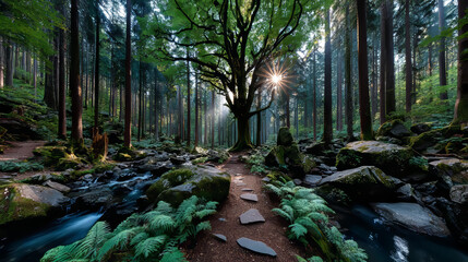 Deep spring forest with a sunny day with bright green foliage under the rays of the Sun.