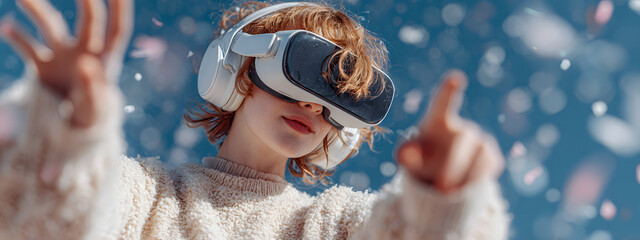 Virtual reality 3d augmented experience exited digital generate person wear vr glasses goggle headset hand gesture touch 3d object in virtual world fun cheerful and remarkable,generative ai