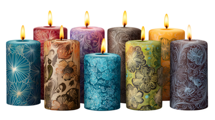 Three isolated burning wax candles with glowing yellow flames and wicks provide warm candlelight decoration for a Christmas holiday celebration on a white background