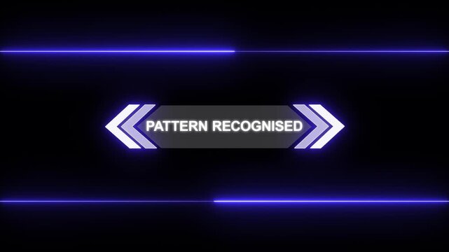 Animation of HUD elements with text Pattern Recognised. Animate a white callous for text. HUD elements on black background. Futuristic callout titles. Virtual sci fi textbox for HUD.