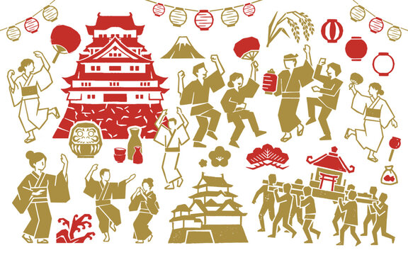 日本の祭りデザイン素材セット 版画風の城・神輿・盆踊り・提灯のイラスト（ベクター）