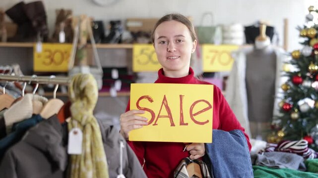 Teen girl with poster in hands announce mega Black Friday discounts in womens clothing store. Hostes presented hold advertisement with inscription price reduction, presenting SALE