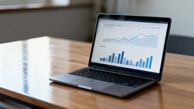 Laptop on Office Desk with Blurred Business Charts on Screen