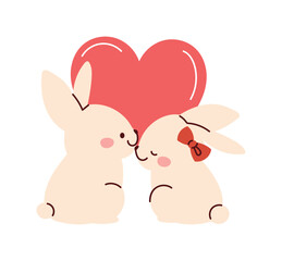 Valentine bunny couple kissing vector illustration with heart balloon and blush pink colors. Cute romantic design for cards, stickers and invitations.