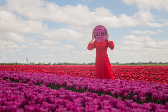 anonymous woman standing in red dress holding round mirror in pink tulip field under blue sky