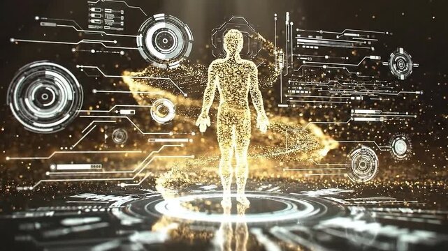 Digital Human: A luminous digital human stands at the center of a futuristic, interactive interface, surrounded by intricate technological elements. Exploring human potential through a modern lens.