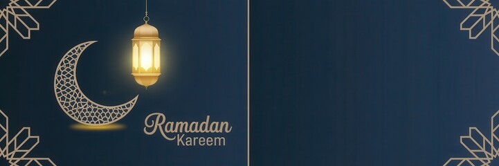 Ramadan Kareem banner with crescent moon and lantern on dark blue background islamic eid