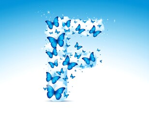 Blue butterfly "F" shape floats against a gradient sky background