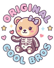 Fototapeta premium Cute kawaii skeleton teddy bear with purple bow, 'Cool Bros' text, stars and hearts, vector art.