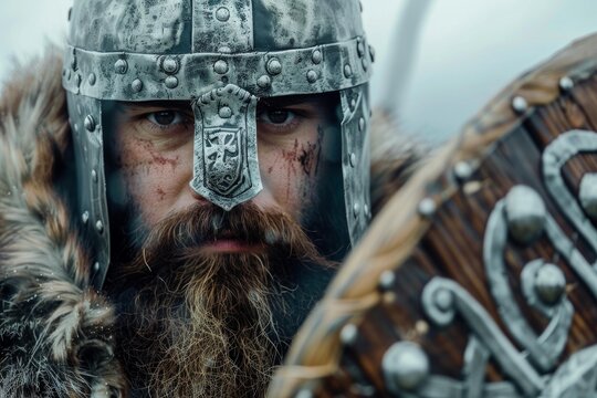 Portrait of a medieval warrior wearing a helmet and holding a shield, ready for battle