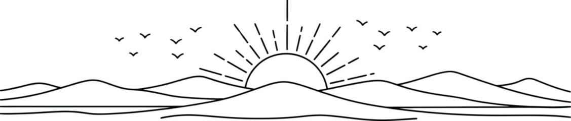 Minimalist line art illustration depicting a serene sunrise or sunset over rolling hills with small birds flying across the bright horizon line design.