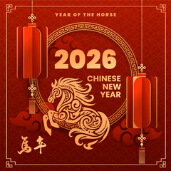 Graphic collection of gold scandinavian horse chinese new year imlek with seamless pattern