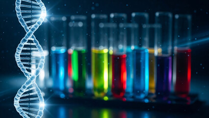 DNA double helix with colorful test tubes in laboratory setting for science research and forensic science background