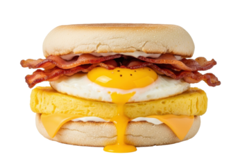 Gourmet English muffin breakfast sandwich with golden muffin, crispy bacon, runny egg, melting American cheese, creamy sauce on transparent background Concept for fast food advertising