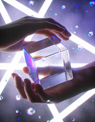 Close-Up of Human Hands Holding Floating Transparent Cube, Futuristic Abstract Background for Technology Concepts, Innovation, Digital Design, Sci-Fi Branding, and Modern Visual Storytelling