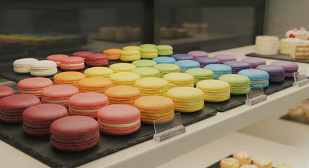 [AI] Assorted French Macarons on Bakery Counter Display