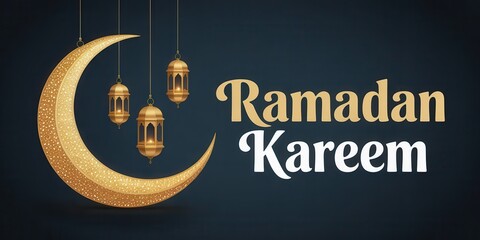Ramadan Kareem Greeting with Golden Crescent Moon and Lanterns islamic holiday celebration islam muslim