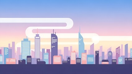 Panorama view of Metropolis Cityscape with Line of Clouds, Flat Style, Pastel Colored Tone