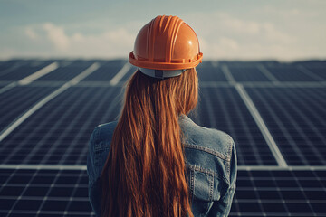 Back view of female worker with safety helmet in front of photovoltaic solar panels