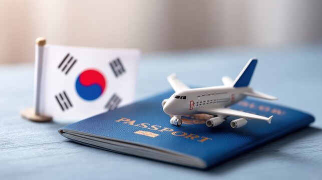 Mini airplane and passport beside South Korean flag on a wooden table for travel planning