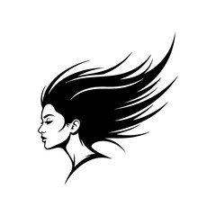 Illustration of a woman's face with flowing hair in a dynamic wind-blown motion