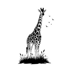 A tall giraffe standing in tall grass with birds flying around it, seen from the side.