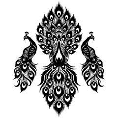 Three peacocks illustration with intricate designs and patterns on a white background