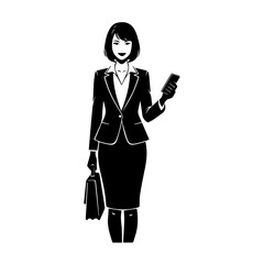 A professional woman standing confidently holding a smartphone and briefcase in a business setting