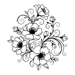 An elegant floral arrangement illustration featuring flowers, vines, and leaves in a decorative pattern