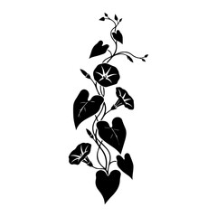 A black and white illustration of a vine with heart-shaped leaves and flowers in a vertical arrangement.