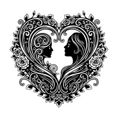 Intricate silhouettes of lovers surrounded by floral heart-shaped ornaments and swirling patterns in black and white illustration