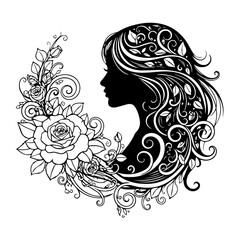 A serene silhouette of a woman surrounded by intricate floral patterns and foliage