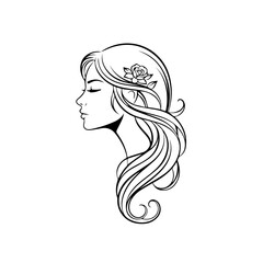 A serene illustration of a woman with flowing hair adorned with a floral headband, depicted in a simple line art style