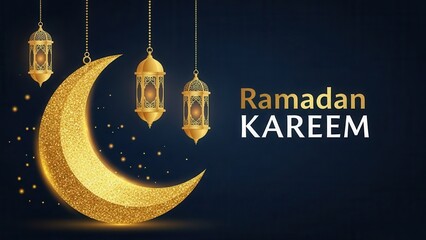 Ramadan Kareem Greeting with Golden Crescent Moon Lanterns lantern gold glitter islamic muslim holiday