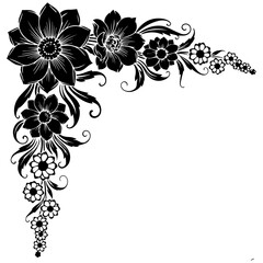 Black and white floral illustration with decorative elements and flowers