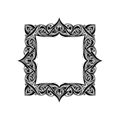 An intricate black and white ornate frame with floral patterns and swirling designs