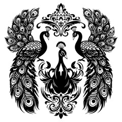 Two peacocks facing away from each other with ornate tails and decorative design