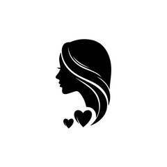 Silhouette of a woman with flowing hair and hearts, captured in a minimalist illustration style