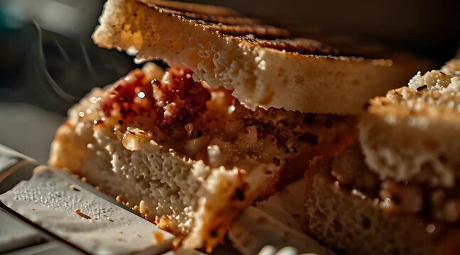 A sandwich and crumbs scattered all over a computer keyboard in a close-up shot, symbolizing an untidy workspace and poor work habits