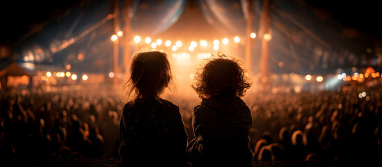 Fototapeta premium rear view kid children watching show on stage in circus carnival festive celebration in dome tent with crowd people inside exited lifestyle