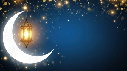 Ramadan crescent moon with lantern and stars on blue background night sky gold lights