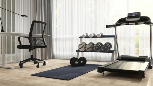 Luxury home gym. Modern treadmill, shelf of dumbbells, black yoga mat by working desk in room with sunlight from window with white sheer curtain for interior design decoration, background 3D