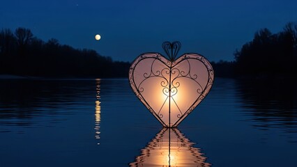 Glowing Heart Lantern on Serene Lake.