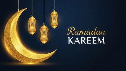 Golden crescent moon and lanterns for Ramadan Kareem celebration glitter sparkling dark blue background