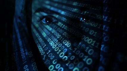 Face of a young woman in the dark and binary code as a symbol of hacking and life in a digital world - Powered by Adobe