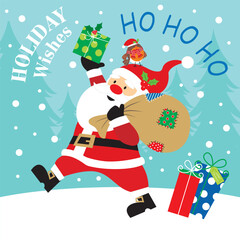 Christmas card with santa, robin and gifts