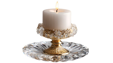 Isolated glowing wax candles with golden flames burn on a decorative candlestick, creating a romantic holiday atmosphere of warm candlelight for a Christmas celebration or spa decoration in the dark